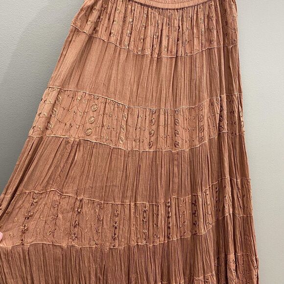Sacred Threads Boho Maxi Skirt Embroidered One Size Brown Tiered Crinkle - Picture 2 of 8